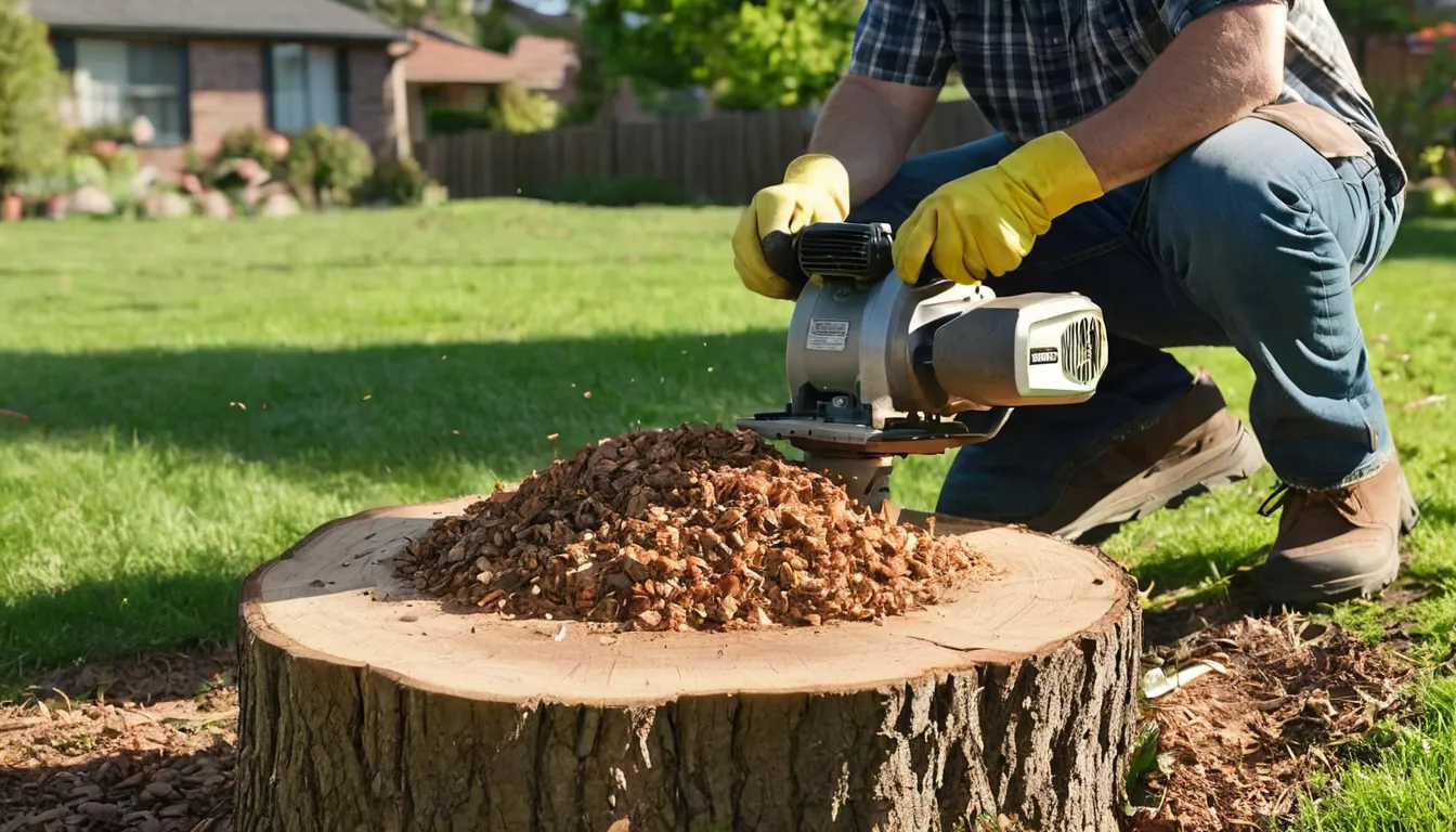 A stump grinder cutting an old tree stump in a residential backyard in Canton