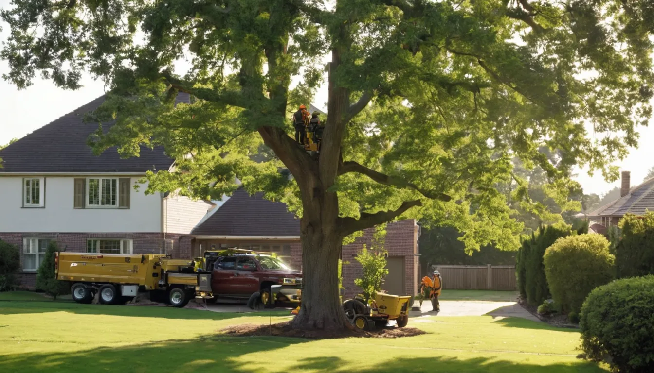 Tree removal crew cutting a large backyard tree near a home in Canton